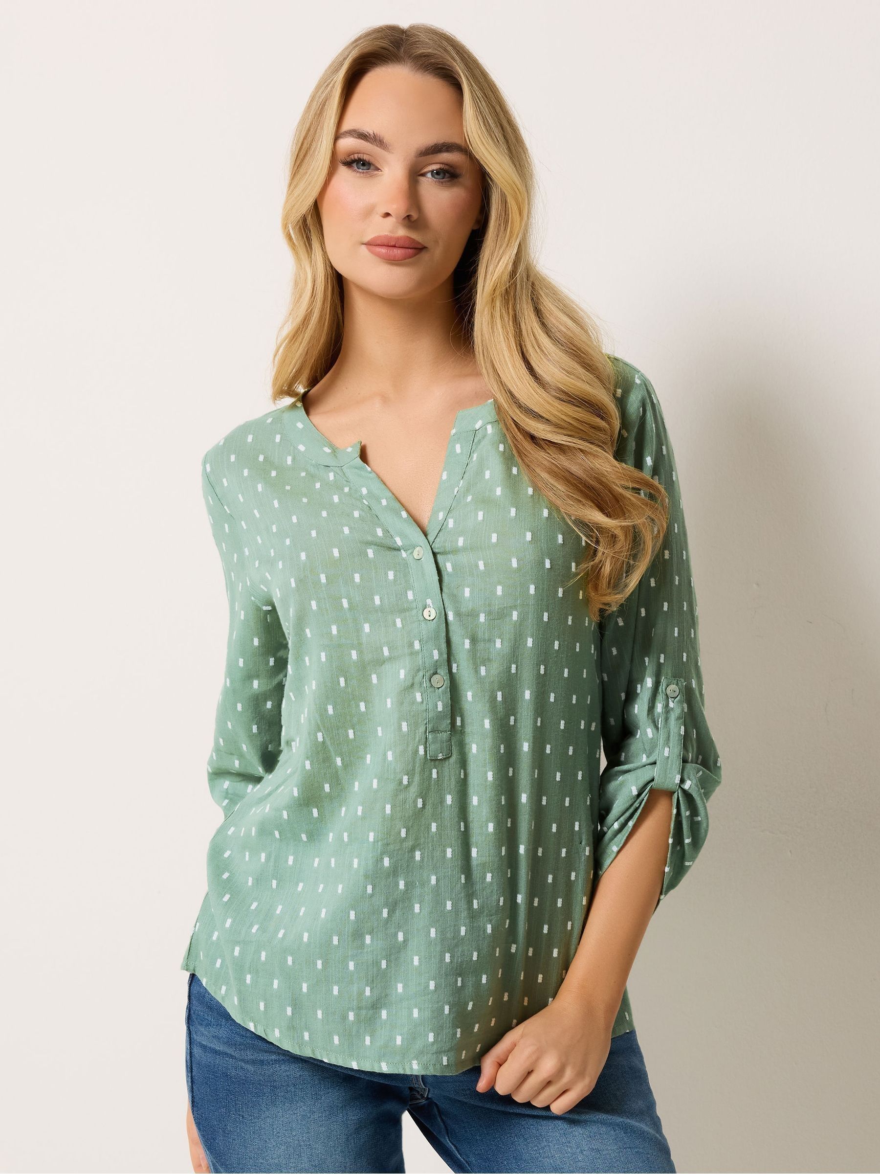 M & Co Women's Green Notch Neck Long Sleeve Dobby Shirt