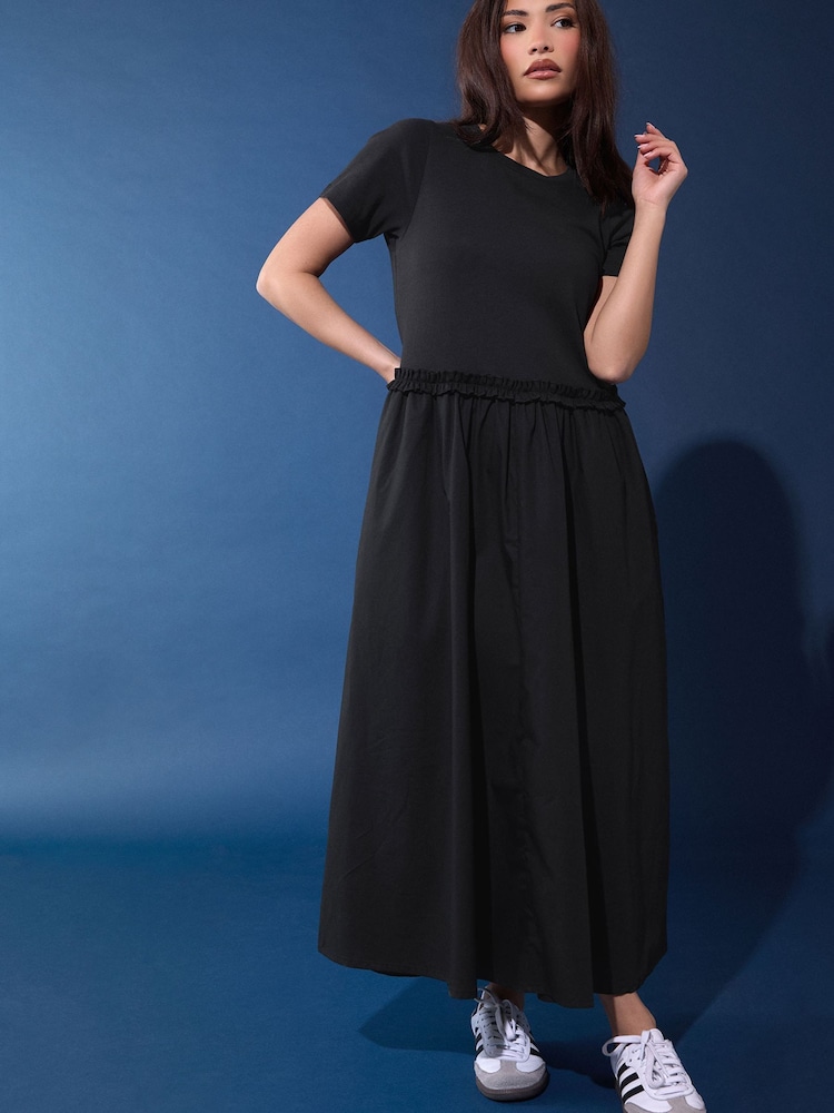 PixieGirl Petite Black Short Sleeve Mixed Ruffle Seam Midi Dress - Image 1 of 2