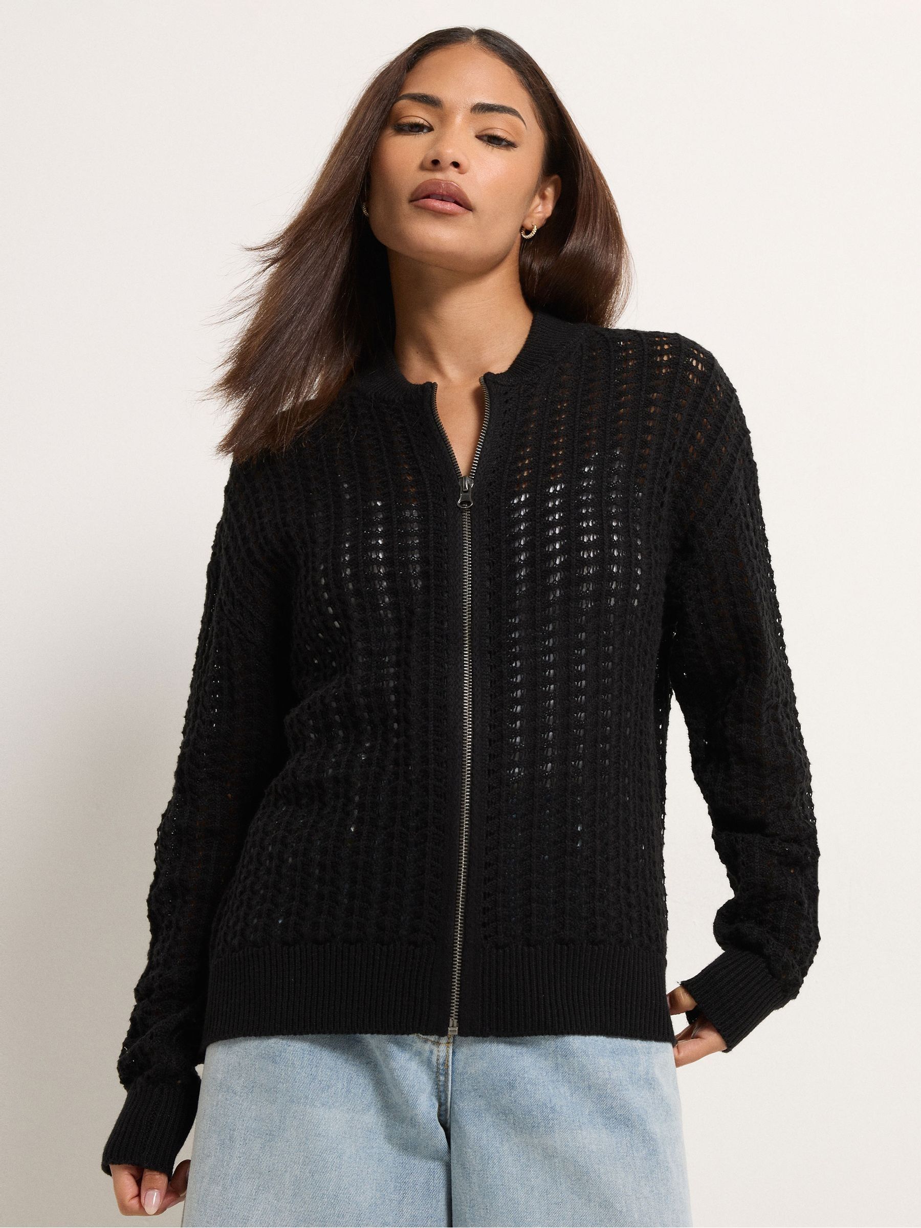 Buy PixieGirl Petite Black Crochet Bomber Cardigan from the Next