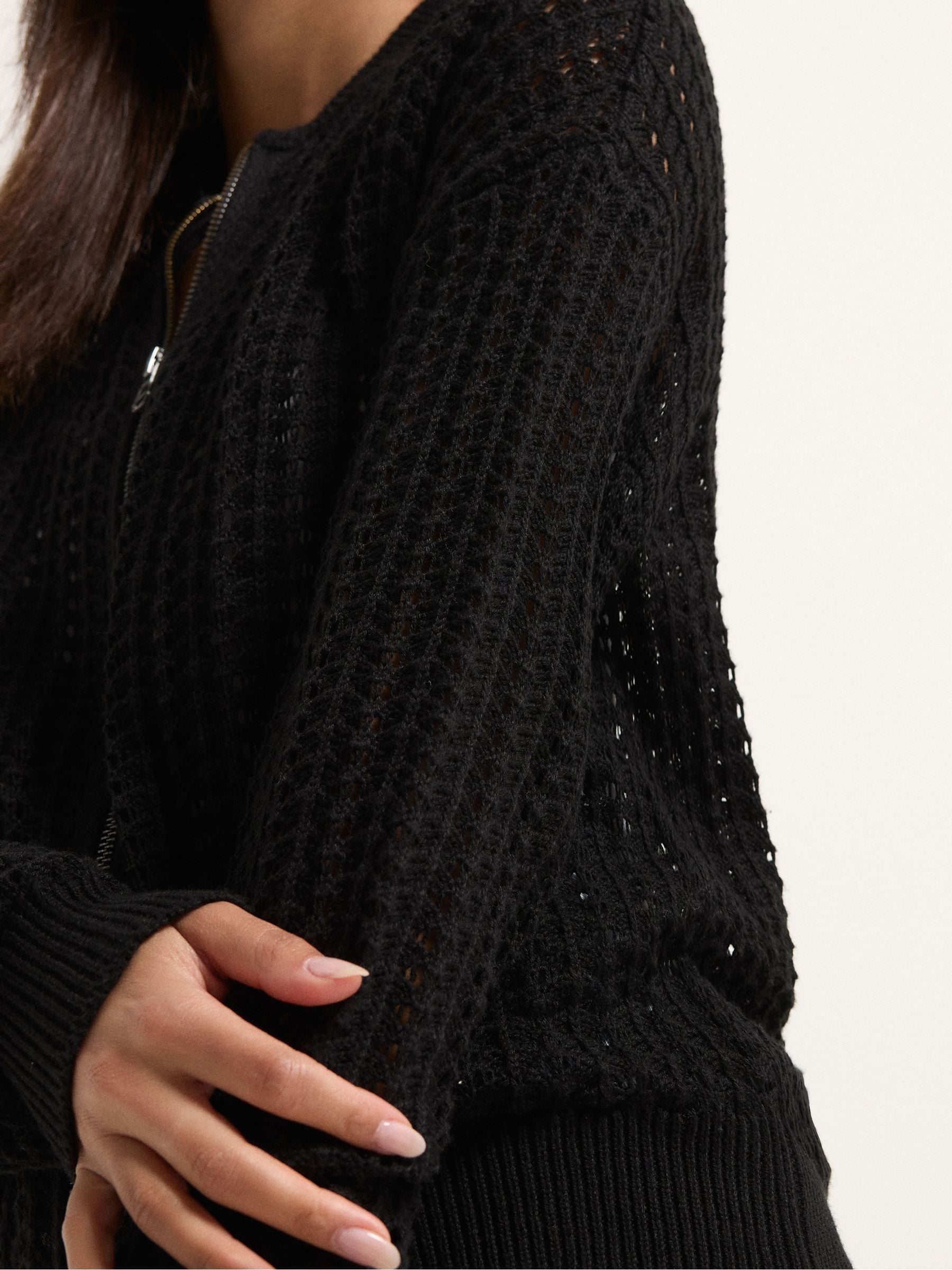 Buy PixieGirl Petite Black Crochet Bomber Cardigan from the Next