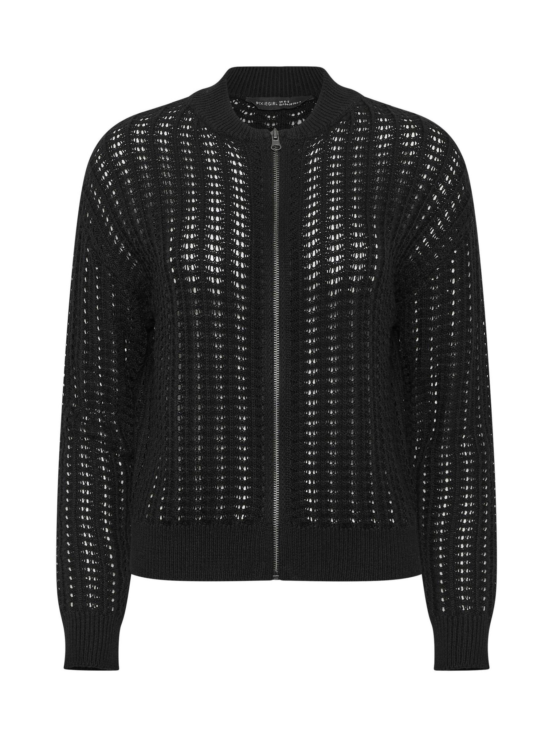 Buy PixieGirl Petite Black Crochet Bomber Cardigan from the Next