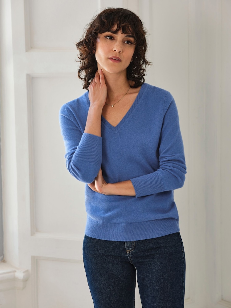 Pure Collection Blue Cashmere V-Neck Jumper - Image 1 of 3