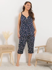 Yours Curve Blue Ditsy Floral Cami Cropped Pyjamas - Image 3 of 6