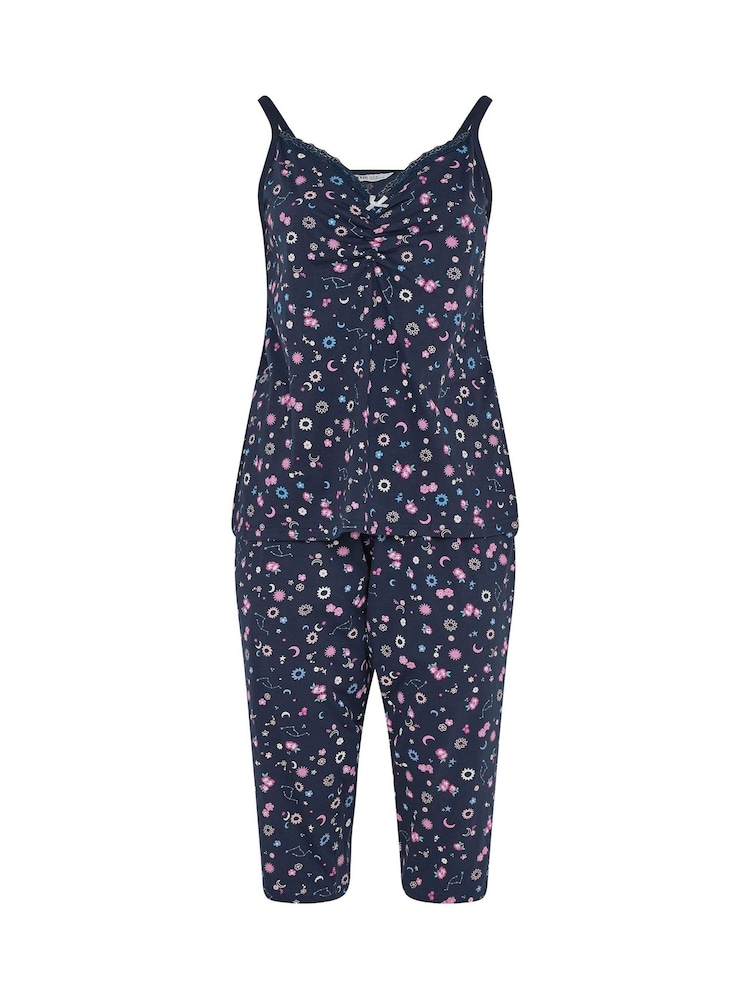 Yours Curve Blue Ditsy Floral Cami Cropped Pyjamas - Image 6 of 6