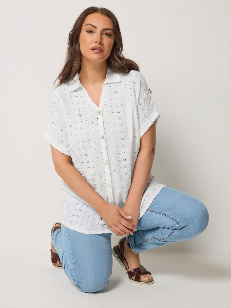 Yours Curve White Broderie Anglaise Grown On Sleeve Shirt - Image 1 of 5