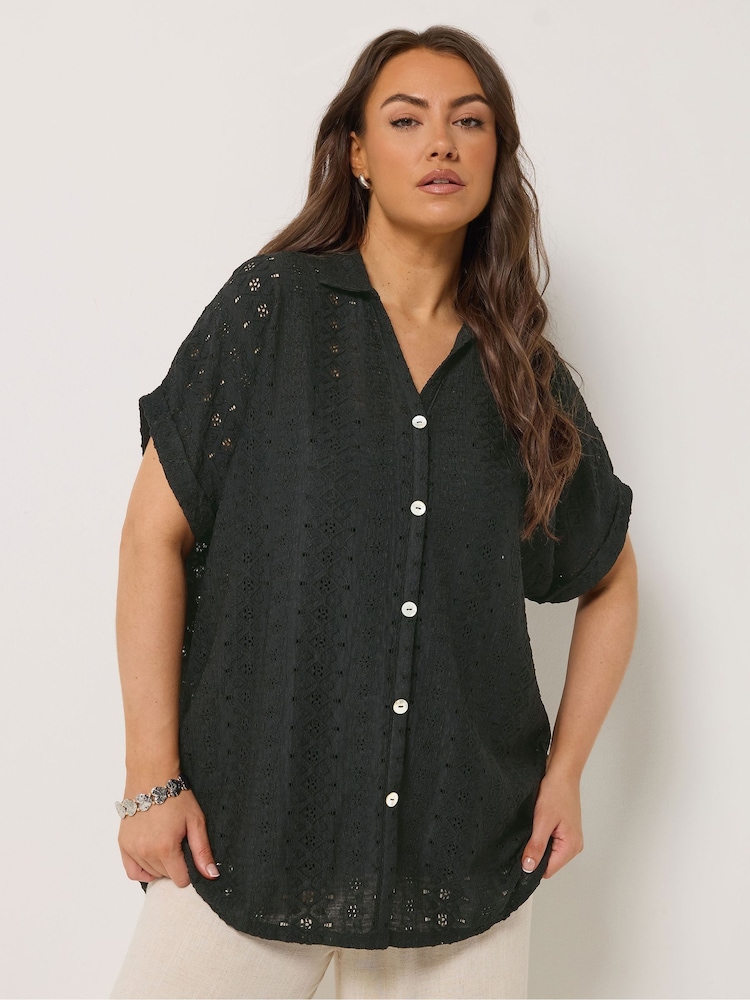 Yours Curve Black Broderie Anglaise Grown On Sleeve Shirt - Image 1 of 5