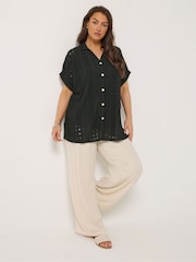 Yours Curve Black Broderie Anglaise Grown On Sleeve Shirt - Image 2 of 5