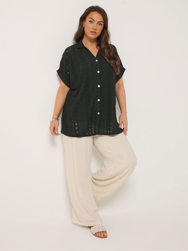 Yours Curve Black Broderie Anglaise Grown On Sleeve Shirt - Image 2 of 5