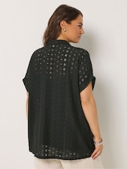 Yours Curve Black Broderie Anglaise Grown On Sleeve Shirt - Image 3 of 5