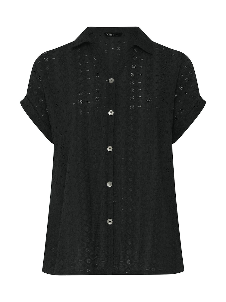 Yours Curve Black Broderie Anglaise Grown On Sleeve Shirt - Image 5 of 5