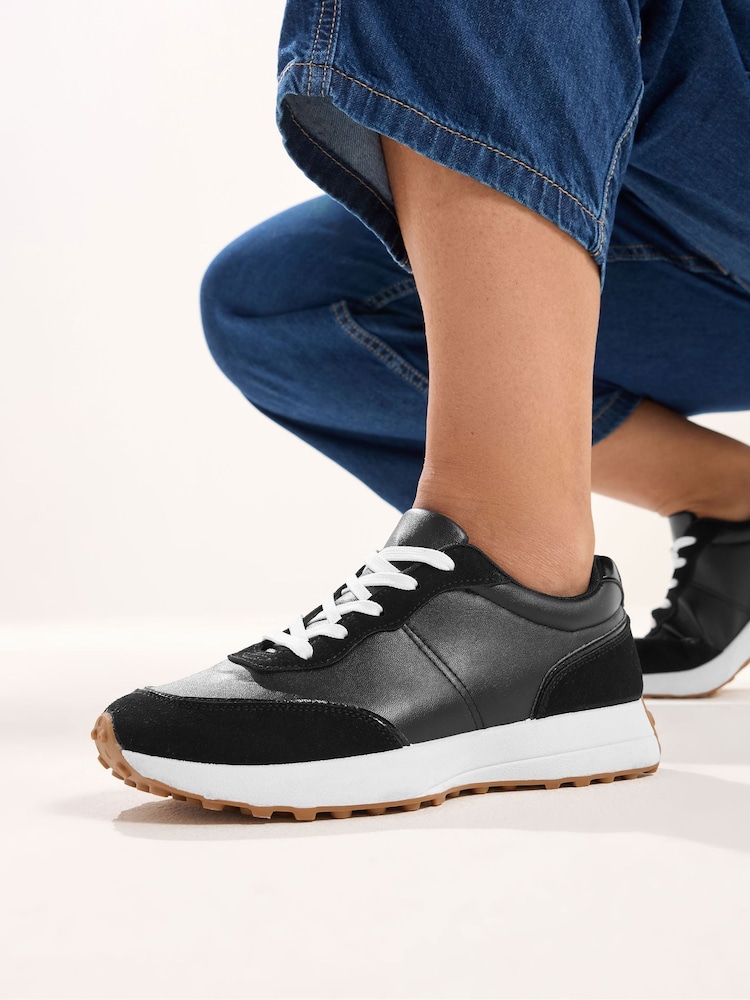 Yours Curve Black Extra Wide Fit Faux Leather Runner Trainers - Image 1 of 4