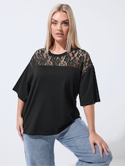 Yours Curve Black Limited Lace Insert T-Shirt - Image 1 of 5