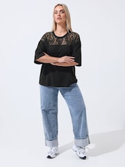 Yours Curve Black Limited Lace Insert T-Shirt - Image 2 of 5