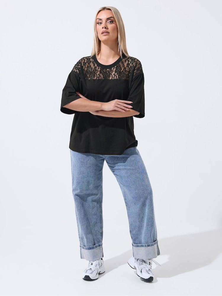 Yours Curve Black Limited Lace Insert T-Shirt - Image 2 of 5