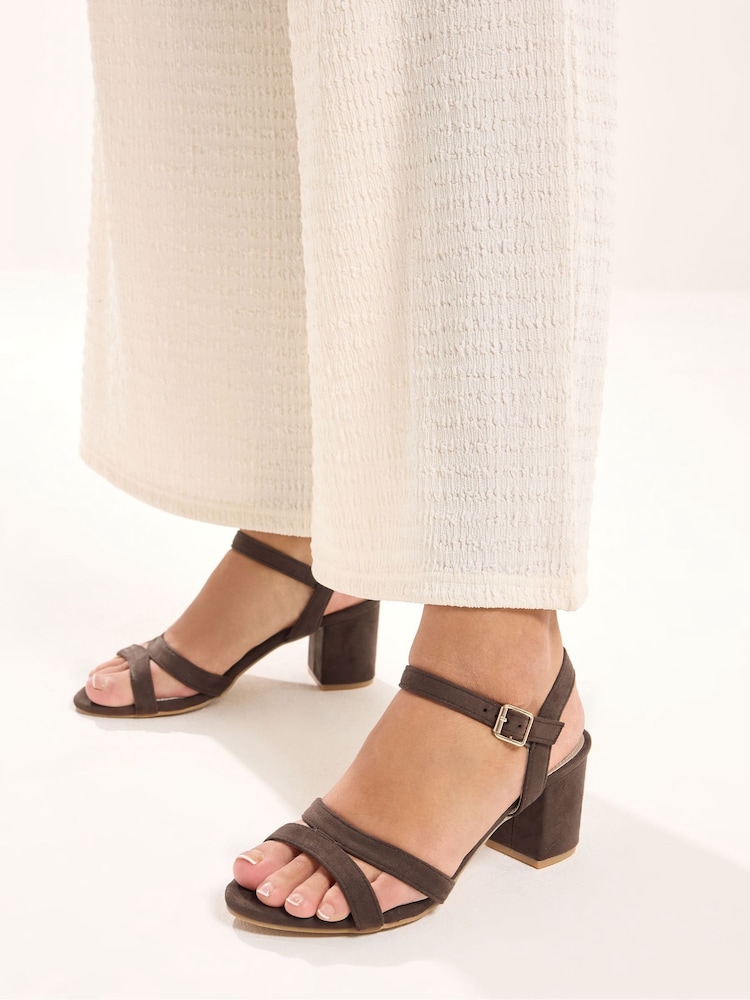 Yours Curve Brown Wide Fit Faux Suede Mid Block Heel Sandals - Image 1 of 1