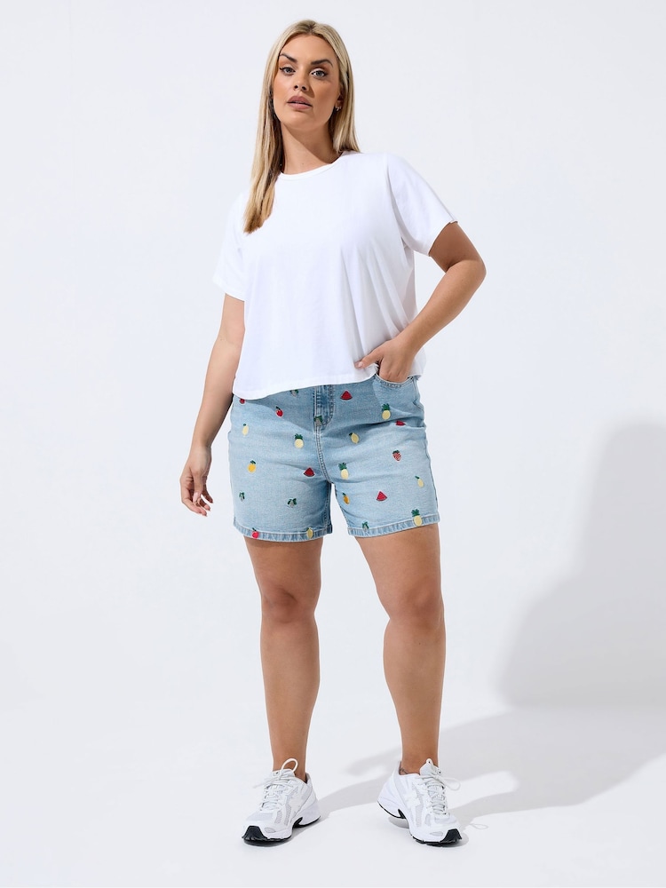 Yours Curve Blue Limited Embroidered Denim Shorts - Image 2 of 5 Yours Curve Blue Limited Embroidered Denim Shorts - Image 2 of 5