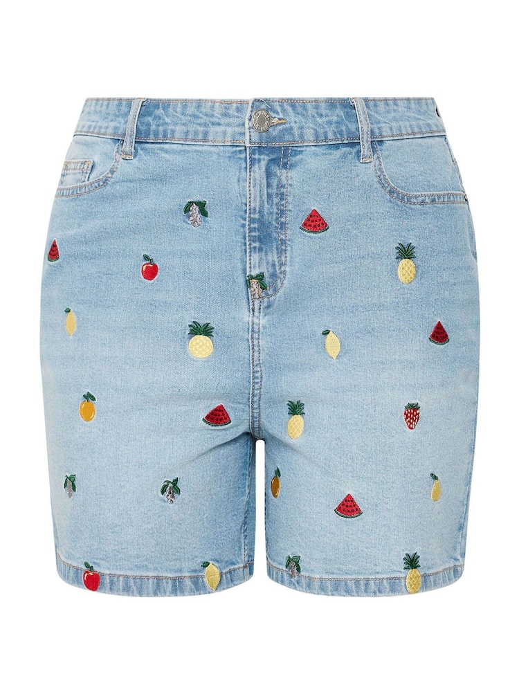 Yours Curve Blue Limited Embroidered Denim Shorts - Image 5 of 5 Yours Curve Blue Limited Embroidered Denim Shorts - Image 5 of 5