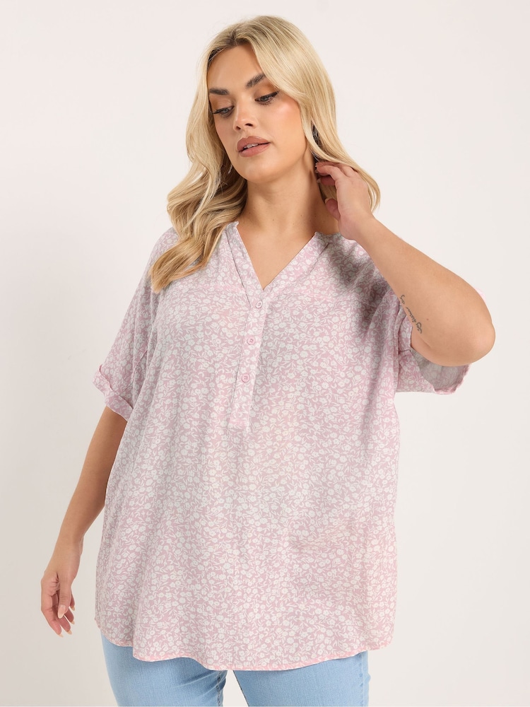 Yours Curve Pink Crinkle Notch Neck Top - Image 1 of 5 Yours Curve Pink Crinkle Notch Neck Top - Image 1 of 5