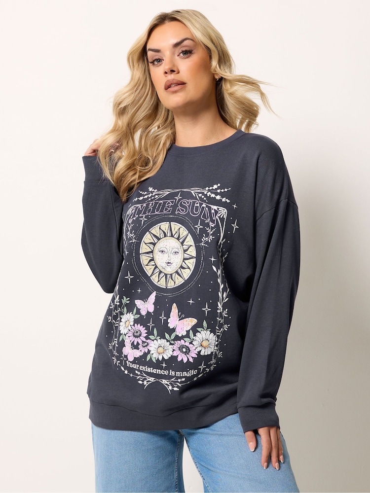 Yours Curve Grey Sun And Moon Print Sweatshirt - Image 1 of 5 Yours Curve Grey Sun And Moon Print Sweatshirt - Image 1 of 5