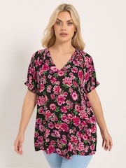 Yours Curve Pink Floral Notch Neck Blouse - Image 1 of 5