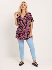 Yours Curve Pink Floral Notch Neck Blouse - Image 2 of 5