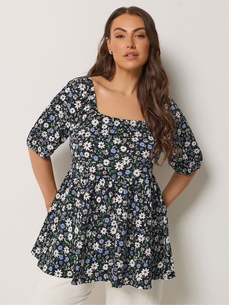 Yours Curve Black Floral Peplum Blouse - Image 1 of 5 Yours Curve Black Floral Peplum Blouse - Image 1 of 5