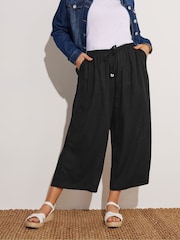 Yours Curve Black Linen Blend Wide Leg Ankle Grazer Trousers - Image 1 of 5