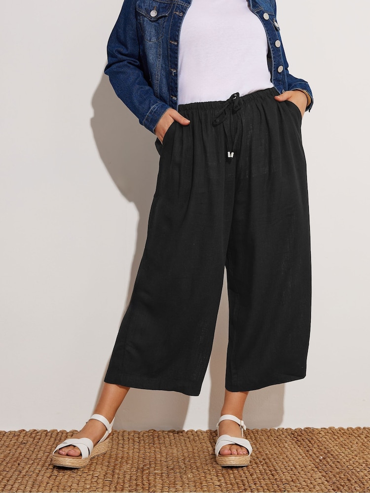 Yours Curve Black Linen Blend Wide Leg Ankle Grazer Trousers - Image 1 of 5