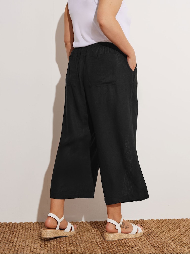Yours Curve Black Linen Blend Wide Leg Ankle Grazer Trousers - Image 2 of 5