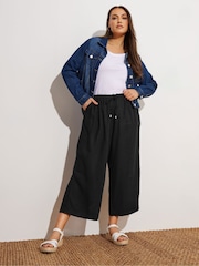 Yours Curve Black Linen Blend Wide Leg Ankle Grazer Trousers - Image 3 of 5