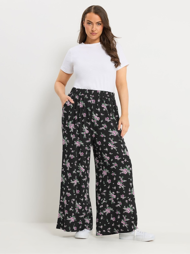 Yours Curve Black Floral Jersey Wide Leg Trousers - Image 2 of 6
