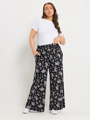 Yours Curve Black Floral Jersey Wide Leg Trousers - Image 3 of 6