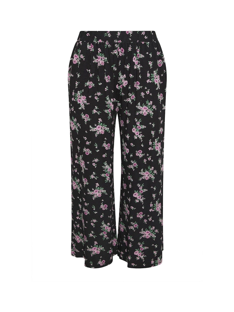 Yours Curve Black Floral Jersey Wide Leg Trousers - Image 6 of 6
