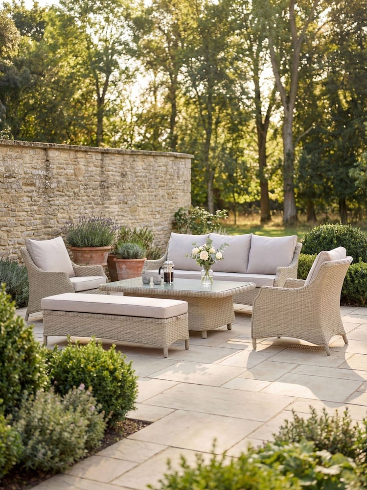 Bramblecrest Sandstone Woodchester 3 Seat Sofa with 2 Sofa Chairs Rectangle Adjustable Table and Bench - Image 1 of 5