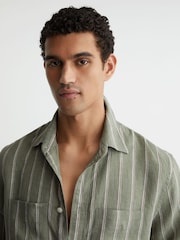 Reiss Green/White Rubus Linen Striped Regular-Fit Shirt - Image 4 of 7