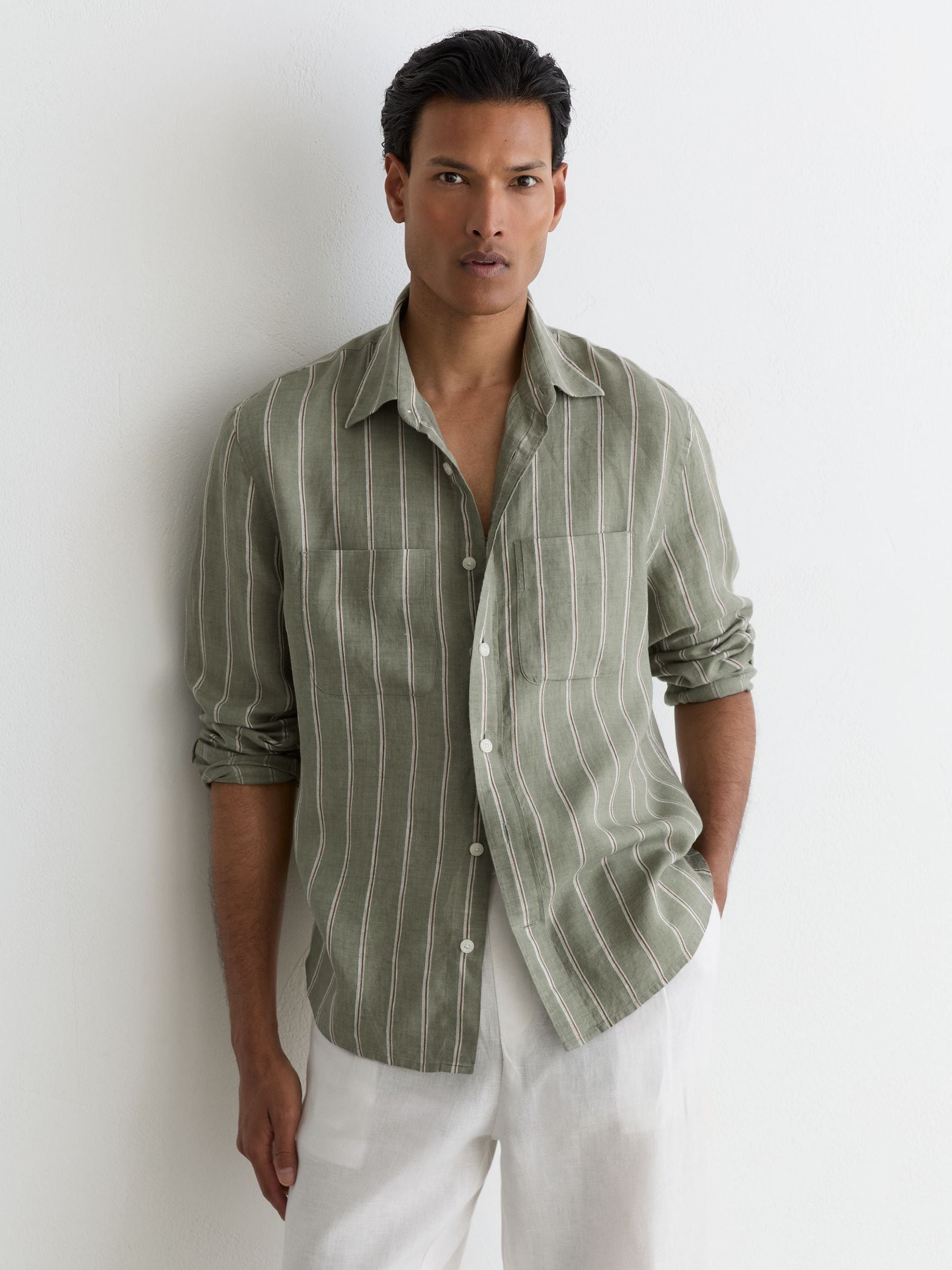 Buy Reiss Green/White Rubus Linen Striped Regular-Fit Shirt from