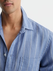 Reiss Blue/White Rubus Linen Striped Regular-Fit Shirt - Image 4 of 7