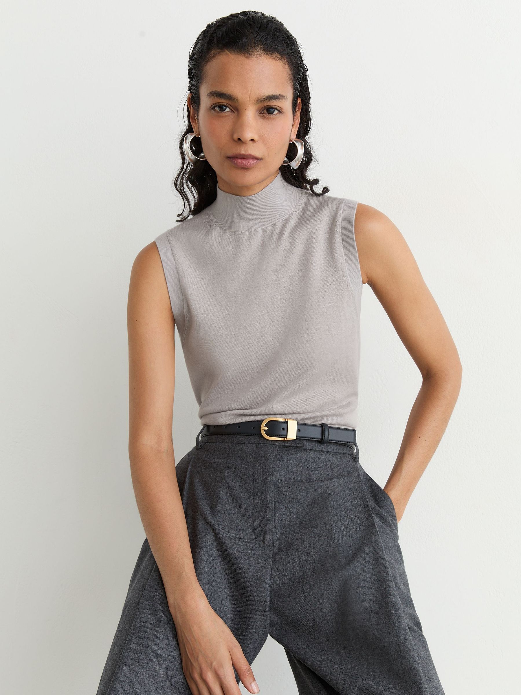 Buy Reiss Grey Evelyn Merino Wool Funnel-Neck Sleeveless Vest from
