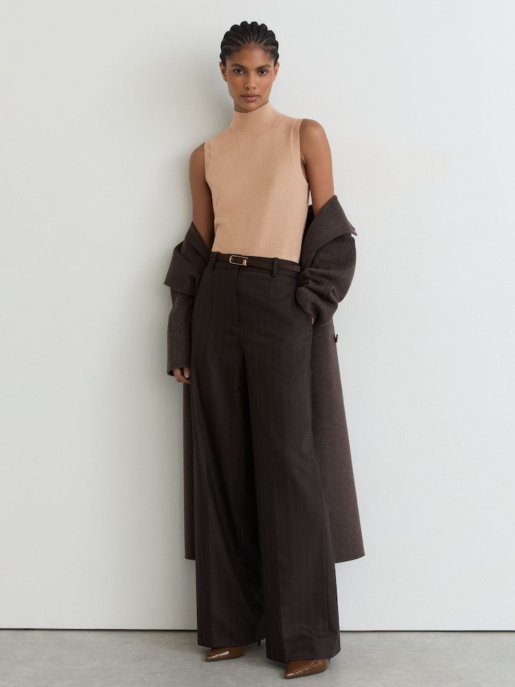 Reiss Camel Evelyn Merino Wool Funnel-Neck Sleeveless Top - Image 1 of 6 Reiss Camel Evelyn Merino Wool Funnel-Neck Sleeveless Top - Image 1 of 6