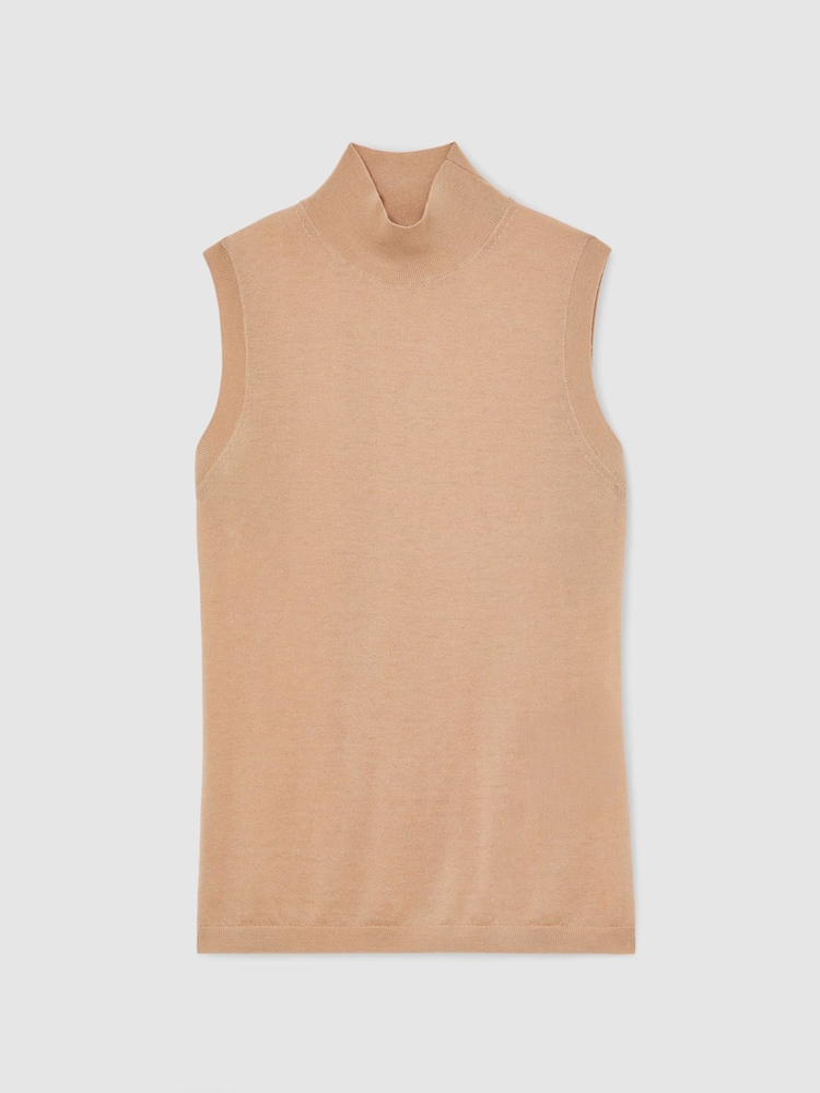 Reiss Camel Evelyn Merino Wool Funnel-Neck Sleeveless Top - Image 2 of 6 Reiss Camel Evelyn Merino Wool Funnel-Neck Sleeveless Top - Image 2 of 6