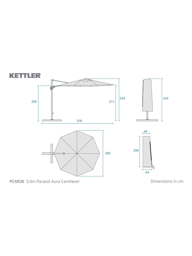 Kettler Slate Grey Aura 3m Round Garden Cantilever Parasol with Base Slate - Image 4 of 4
