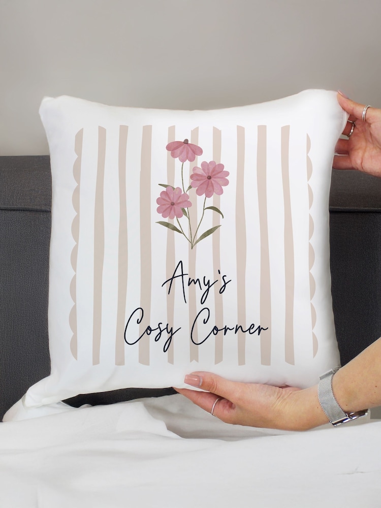 Personalised Floral Stripey Cushion by PMC - Image 2 of 3