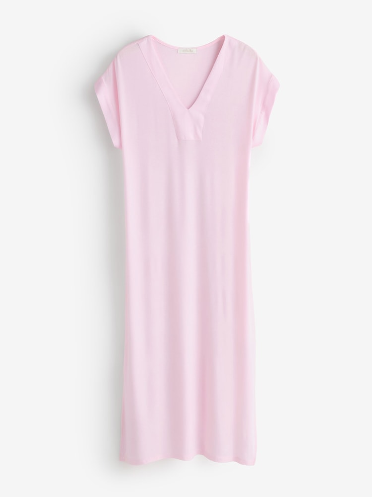 Nora Rose Pink Solid Modal Lycra Jersey Cap Sleeve Long Nightdress - Image 1 of 1