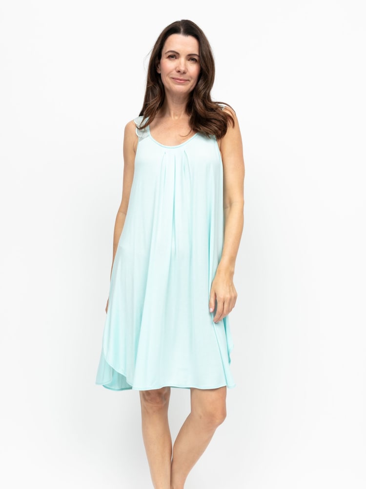 Nora Rose Blue Solid Modal Lycra Jersey Scalloped Lace Sleaveless Swing Nightdress - Image 2 of 4