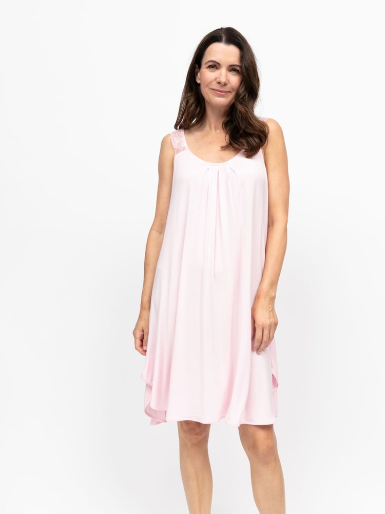 Nora Rose Pink Solid Modal Lycra Jersey Scalloped Lace Sleeveless Swing Nightdress - Image 2 of 4 Nora Rose Pink Solid Modal Lycra Jersey Scalloped Lace Sleeveless Swing Nightdress - Image 2 of 4