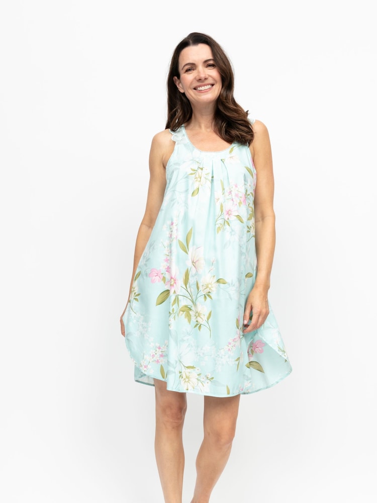 Nora Rose Blue Floral Print Scalloped Lace Sleeveless Swing Nightdress - Image 1 of 3