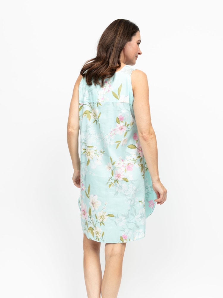 Nora Rose Blue Floral Print Scalloped Lace Sleeveless Swing Nightdress - Image 2 of 3