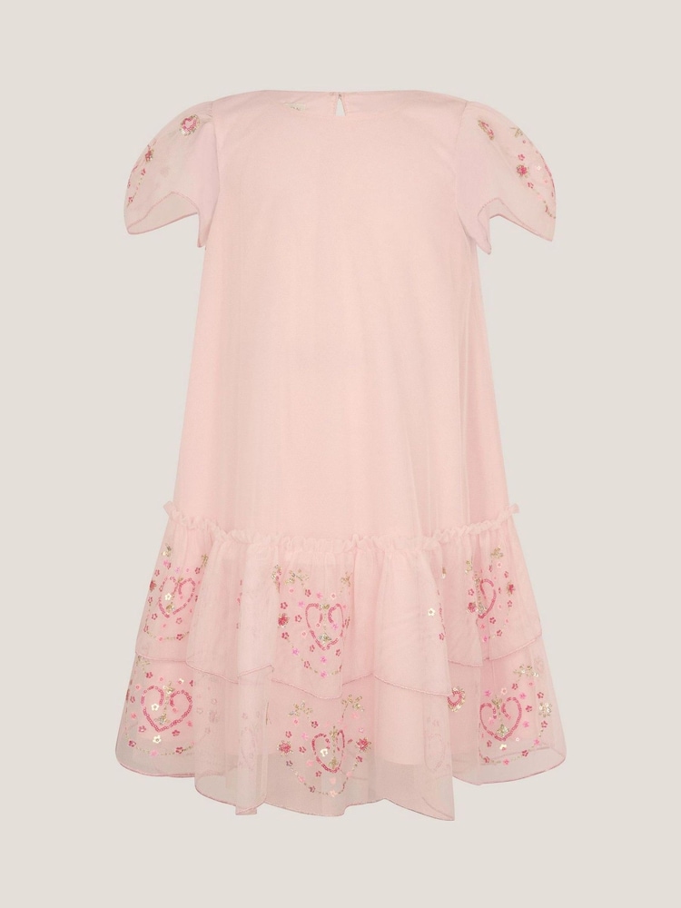 Monsoon Pink Heart Embellished Mesh Party Dress - Image 1 of 3
