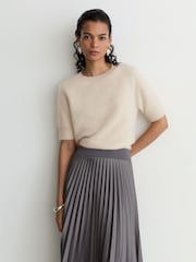 Reiss Grey Julia 100% Brushed Cashmere Short-Sleeve Top - Image 1 of 6
