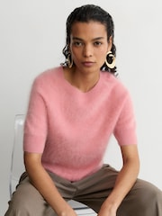 Reiss Pink Julia 100% Brushed Cashmere Short-Sleeve Top - Image 1 of 7